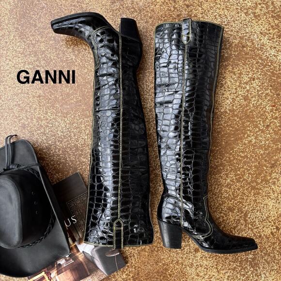 GANNI Black Croc-Embossed Tall Cowboy Boots | Size 39 (US 8.5) - Picture 1 of 15